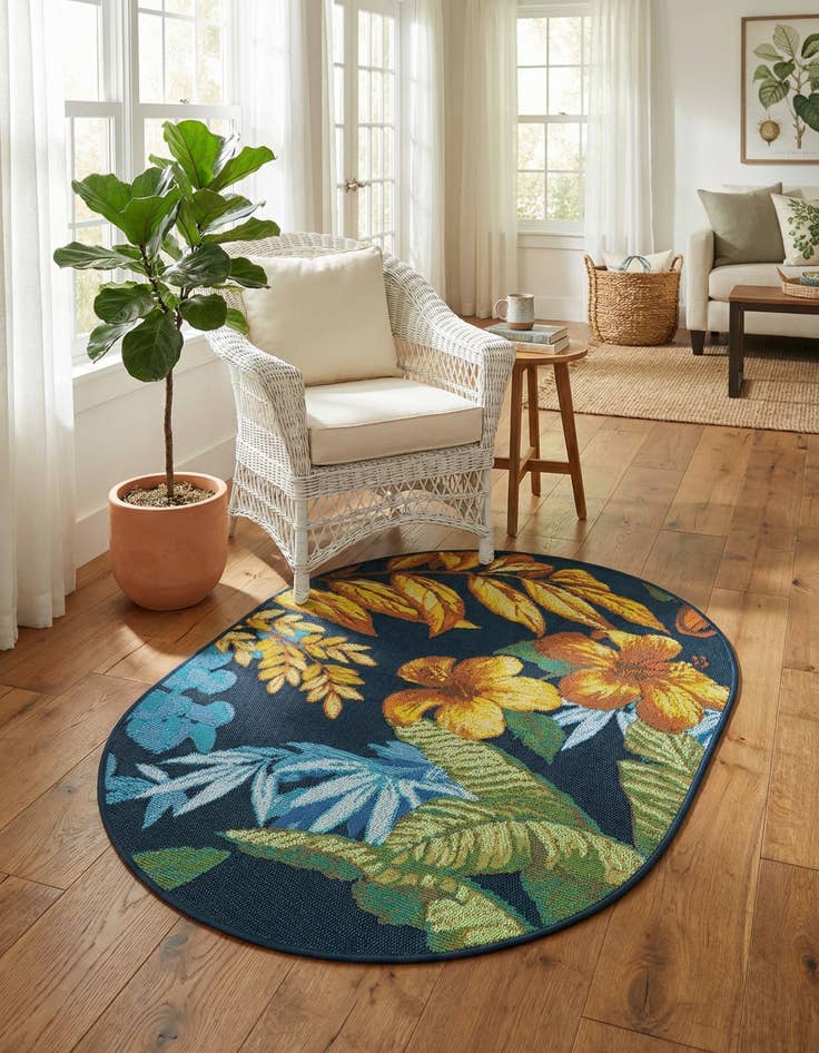 Detail image of 2' 2 x 3'  Washable Botanical Indoor / Outdoor Oval Rug