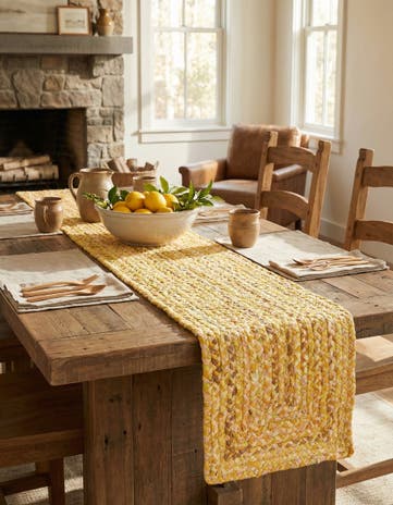 Yellow Orange Handmade Braided Chindi Table Runner Rug