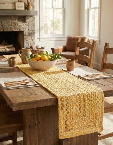 Yellow Orange Handmade Braided Chindi Table Runner Rug