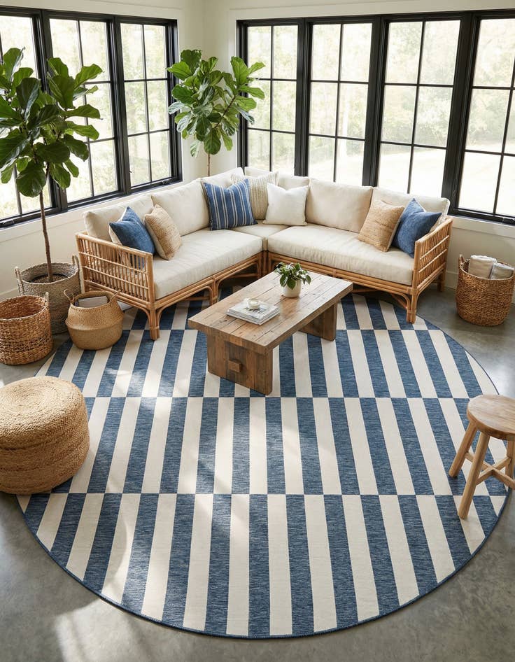 Detail image of 12' x 12'  Washable Striped Indoor / Outdoor Round Rug