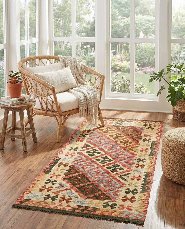 Detailansicht von 95cm x 195cm Handgewebt Kilim Maymana Wolle Läufer Teppich