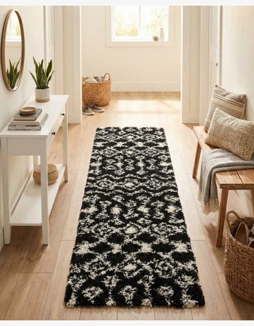 Black and White Moroccan Trellis Shag Runner Rug