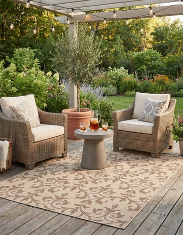 Beige Easy-Clean Botanical Indoor / Outdoor Rug