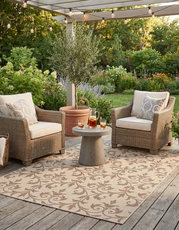 Beige Easy-Clean Botanical Indoor / Outdoor Rug