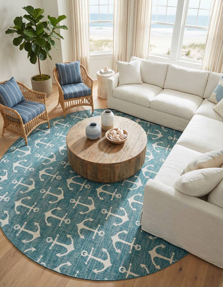 Detail image of 13' x 13'  Washable Coastal Indoor / Outdoor Round Rug