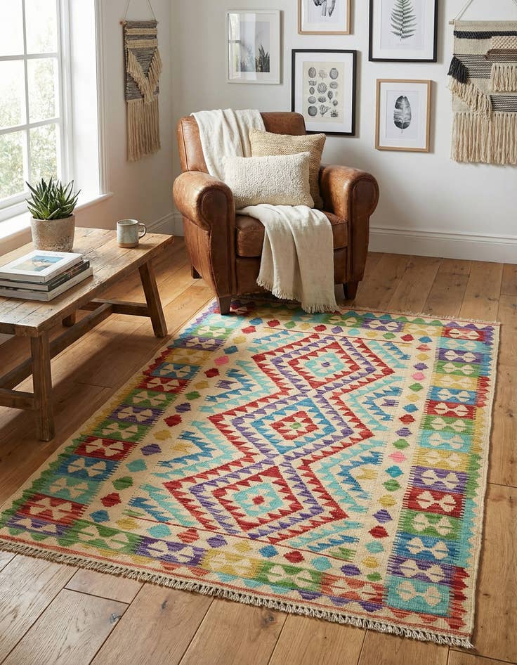 Detail image of 3' 11 x 5' 10  Hand Woven Kilim Maymana Wool Rug