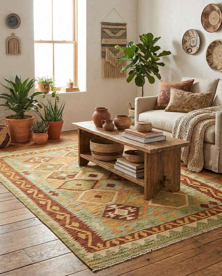 3' 9 x 6' 4 Hand Woven Kilim Waziri Wool Rug