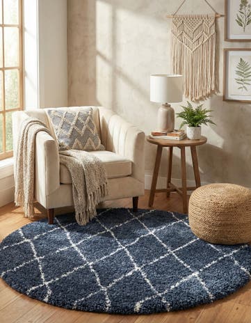 Navy Blue Moroccan Shag Round Rug