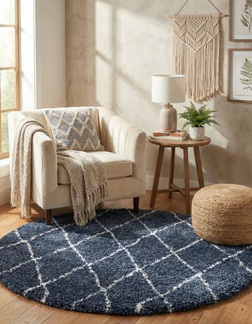 Navy Blue Moroccan Shag Round Rug