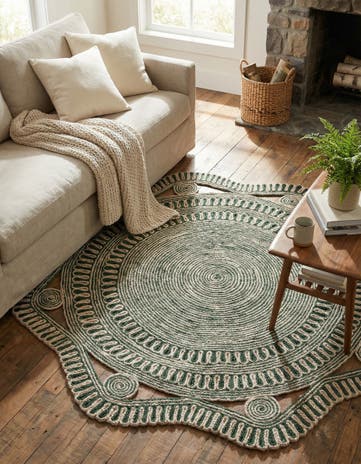 Green and White Handmade Braided Jute Round Rug
