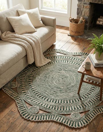 Green and White Handmade Braided Jute Round Rug