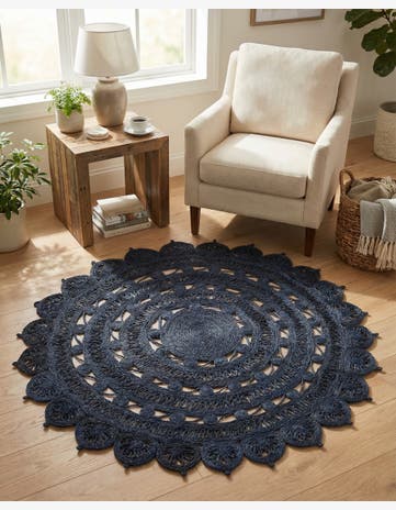 Navy Blue Handmade Braided Jute Round Rug
