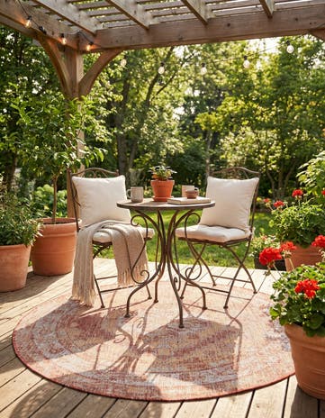 Rust Red Easy-Clean Traditional Indoor / Outdoor Round Rug