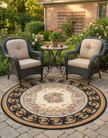 Black and Ivory Easy-Clean Traditional Indoor / Outdoor Round Rug