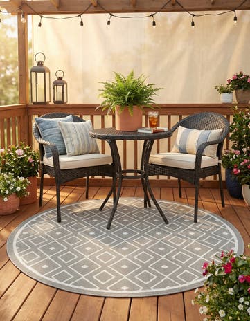 Gray Easy-Clean Lattice Indoor / Outdoor Round Rug