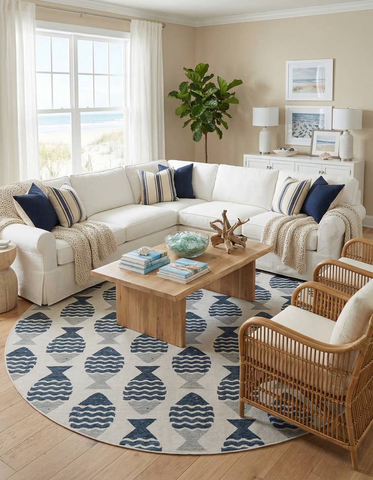 Detail image of  13' x 13'  Washable Coastal Indoor / Outdoor Round Rug