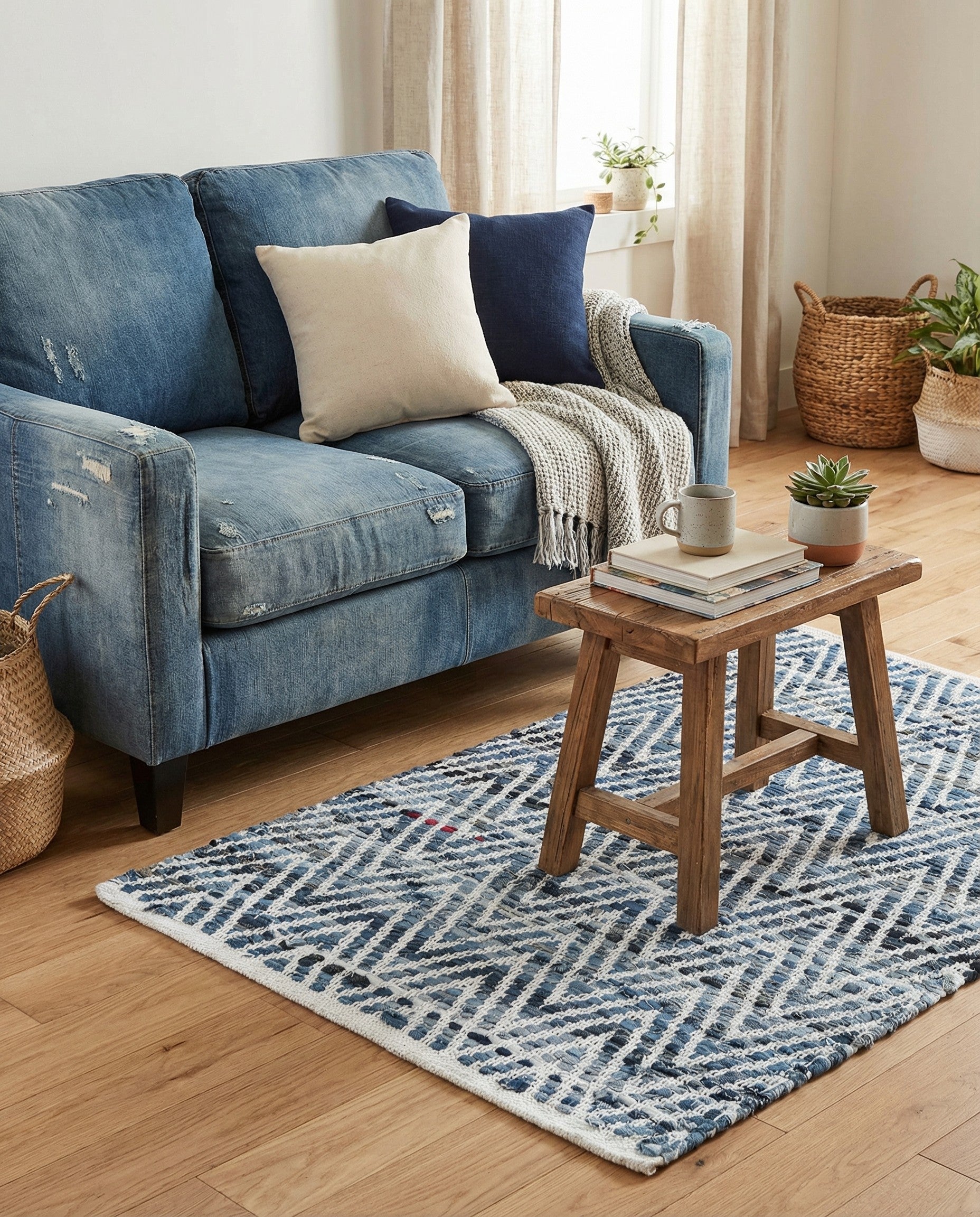 Denim 2' x 3' 1 Hand Woven Chindi Chevron Rug | Rugs.com