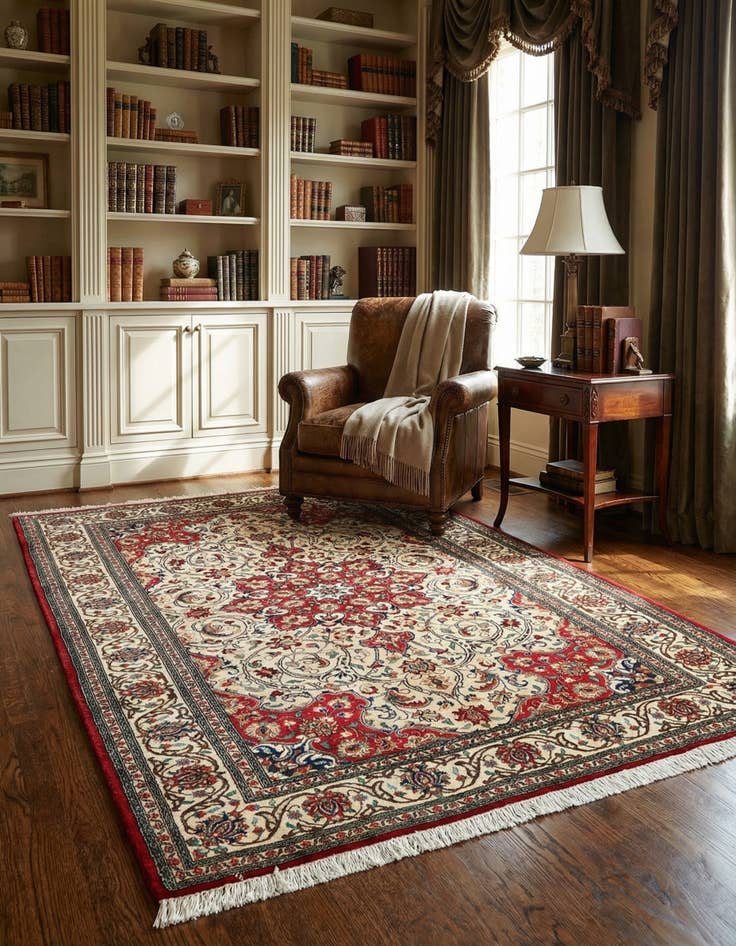 Detail image of  4' 8 x 7' 1  Hand Knotted Qom Persian Rug