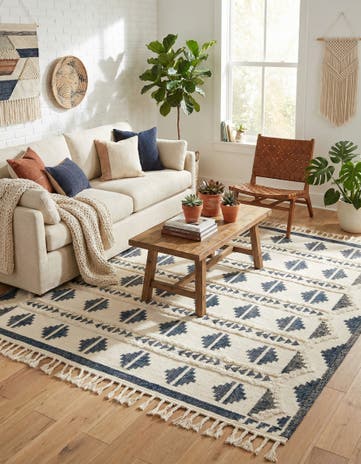 Navy Blue and White Hand Woven Arizona Wool Square Rug