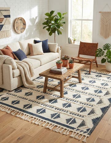 Navy Blue and White Hand Woven Arizona Wool Square Rug