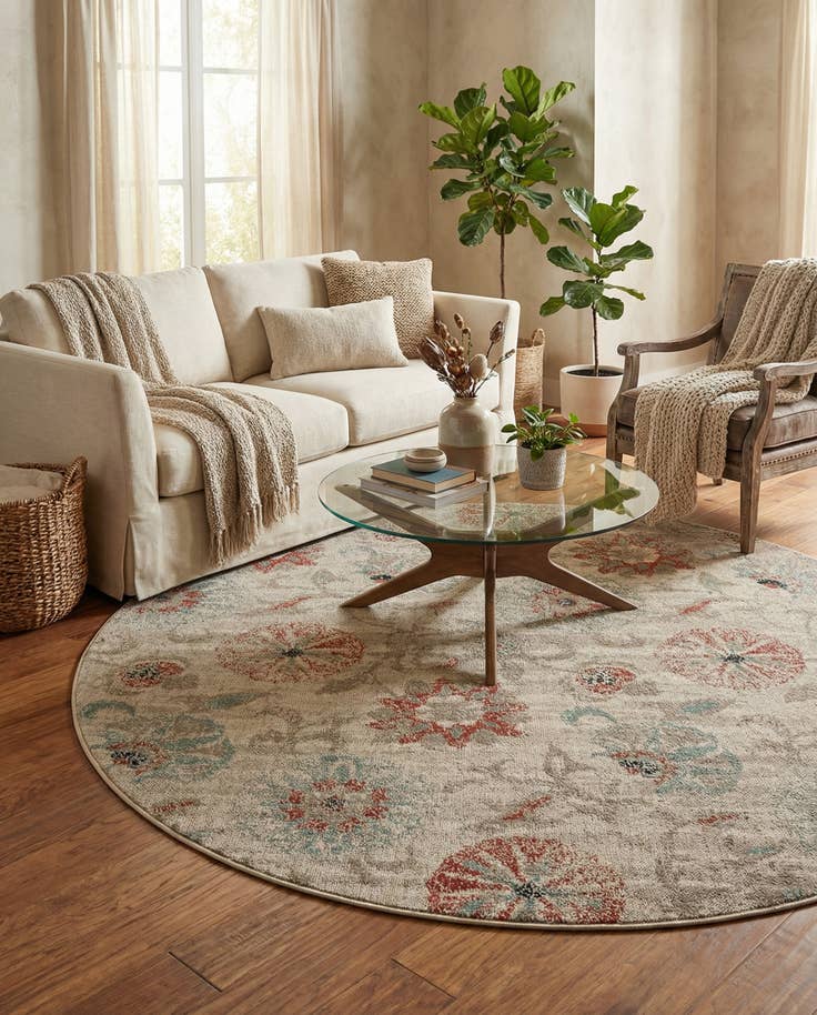Detail image of 7' 10 x 7' 10 Easy-Clean Botanical Indoor / Outdoor Round Rug
