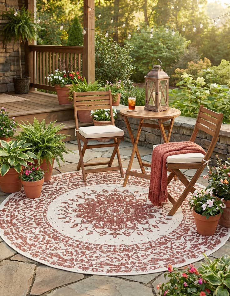 Detail image of 7' 10 x 7' 10  Washable Traditional Indoor / Outdoor Round Rug