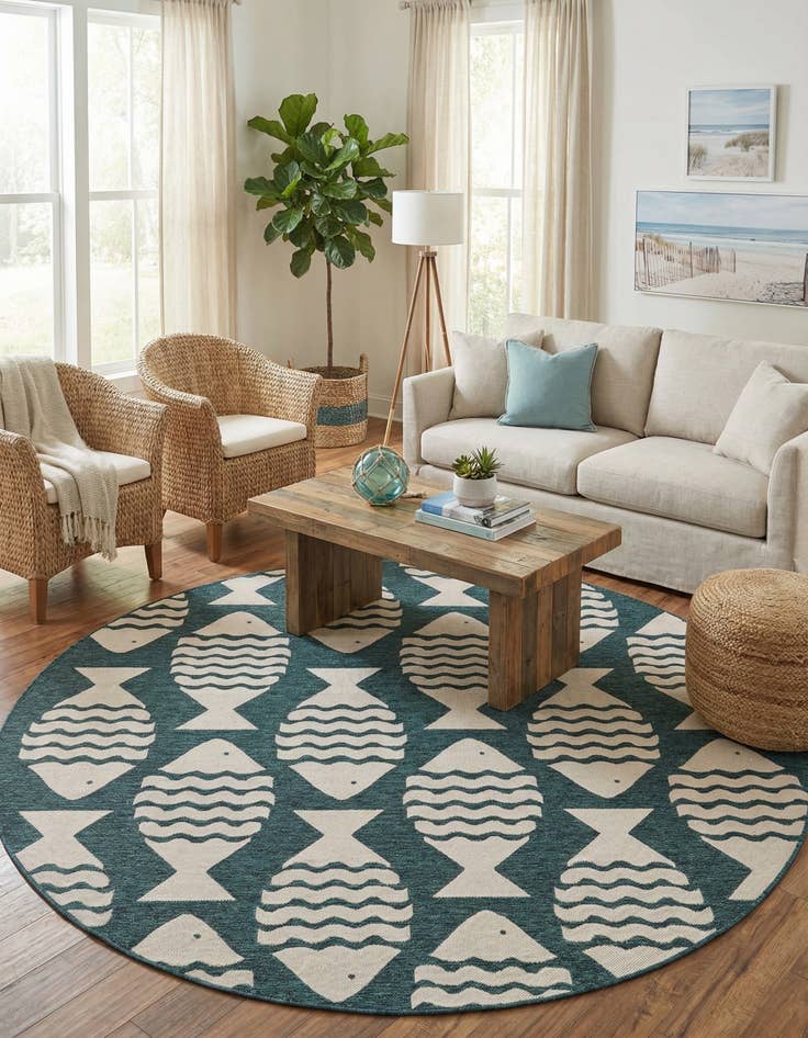 Detail image of 7' 10 x 7' 10  Washable Coastal Indoor / Outdoor Round Rug