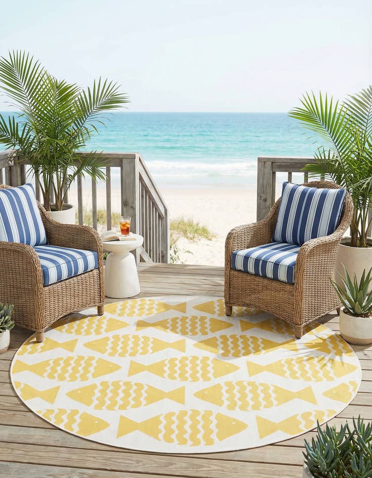 Detail image of 7' 10 x 7' 10  Washable Coastal Indoor / Outdoor Round Rug
