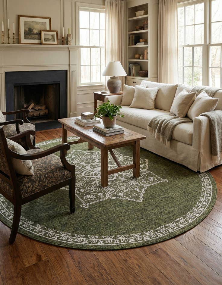 Detail image of  10' x 10'  Washable Traditional Indoor / Outdoor Round Rug