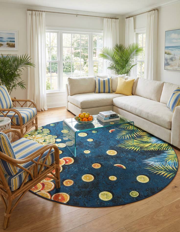 Detail image of 12' x 12'  Washable Coastal Indoor / Outdoor Round Rug