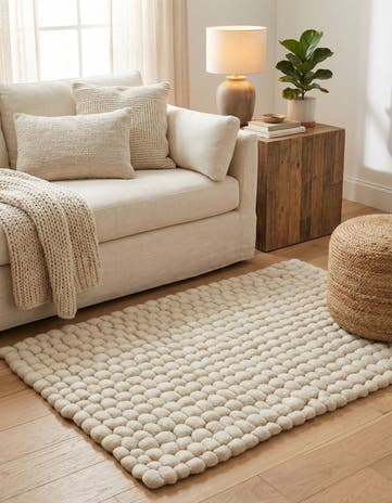 Ivory Hand Woven Felt Ball Wool Rug