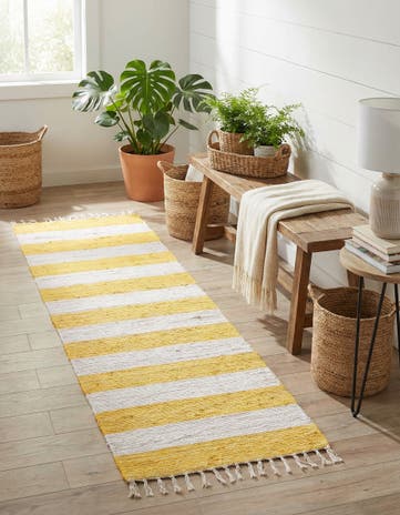 Yellow and Ivory Hand Woven Chindi Rag Runner Rug