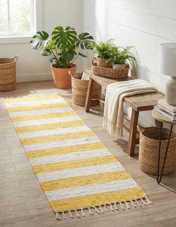 Yellow and Ivory Hand Woven Chindi Rag Runner Rug