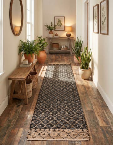 Black Hand Woven Chindi Trellis Runner Rug