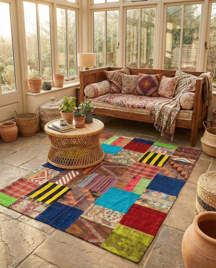 Detail image of 5' 6 x 7' 9 Hand Woven Kilim Patchwork Wool Rug