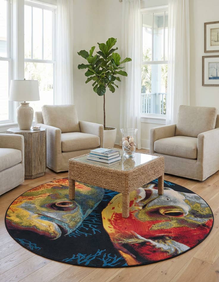 Detail image of 6' x 6' Easy-Clean Coastal Indoor / Outdoor Round Rug
