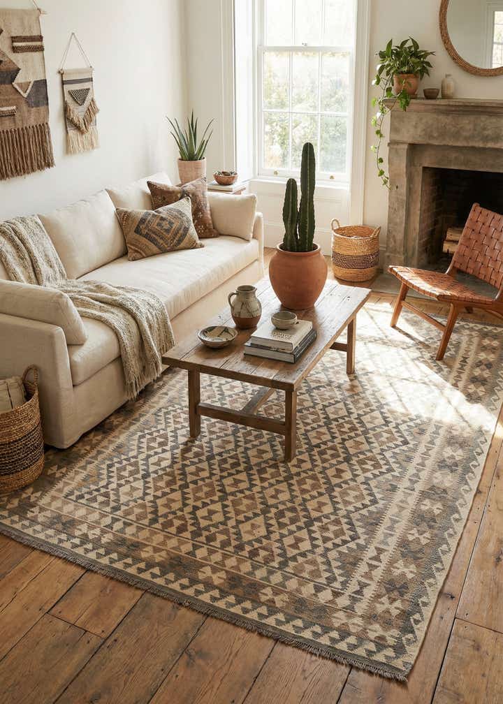 6' 9 x 9' 11 Hand Woven Kilim Maymana Wool Rug