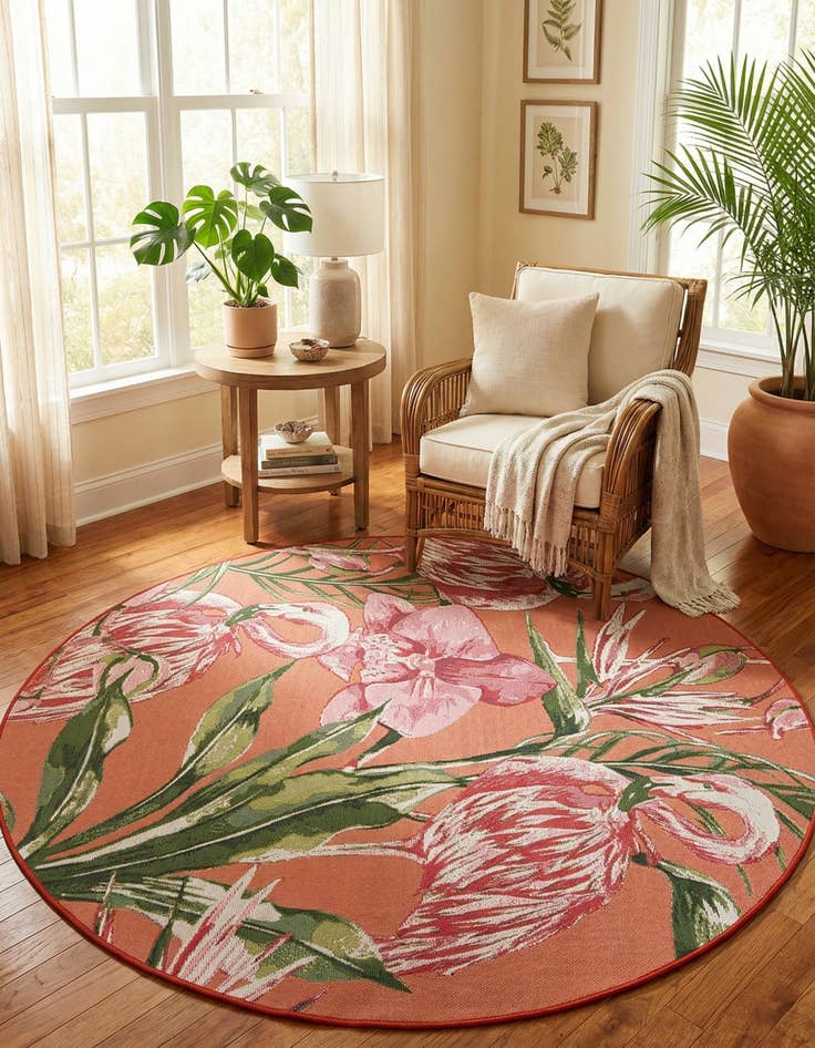 Detail image of  5' x 5'  Washable Botanical Indoor / Outdoor Round Rug