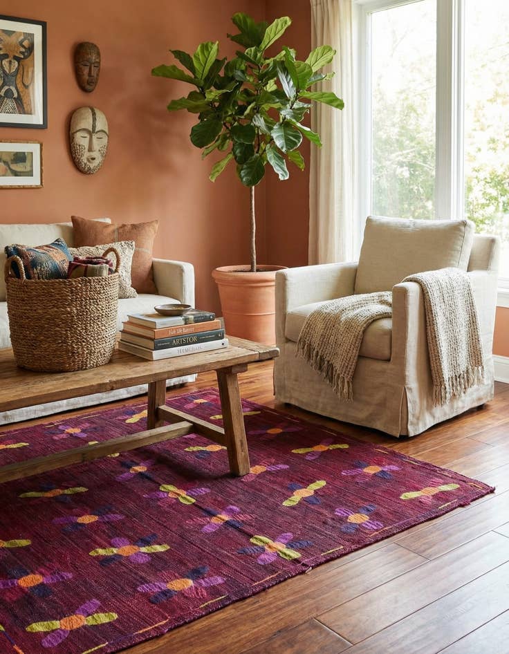 Detail image of 5' 4 x 6'  Hand Woven Kilim Suzani Wool Square Rug