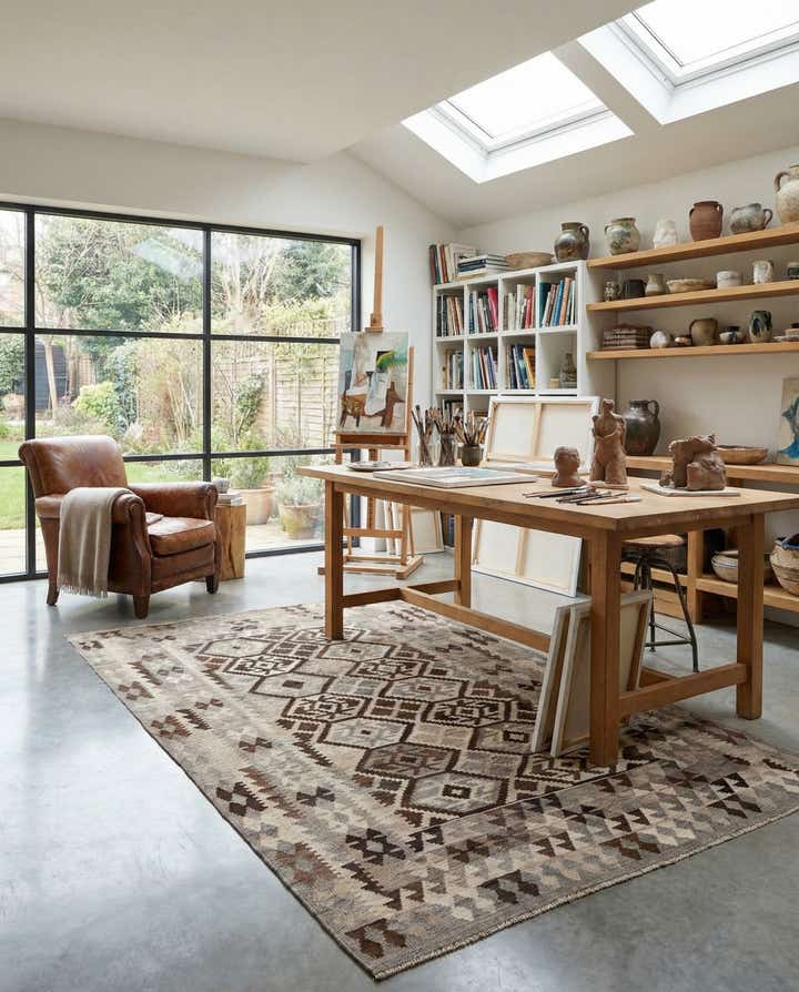 6' 9 x 9' 8 Hand Woven Kilim Maymana Wool Rug