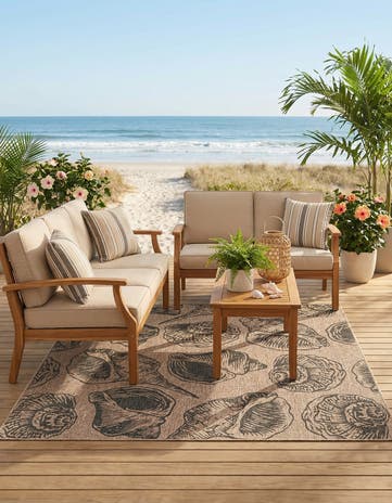 Brown and Black Easy-Clean Coastal Indoor / Outdoor Square Rug
