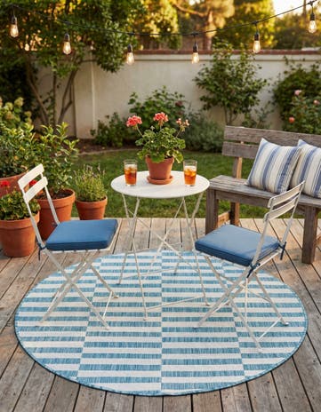 Light Aqua Easy-Clean Striped Indoor / Outdoor Round Rug