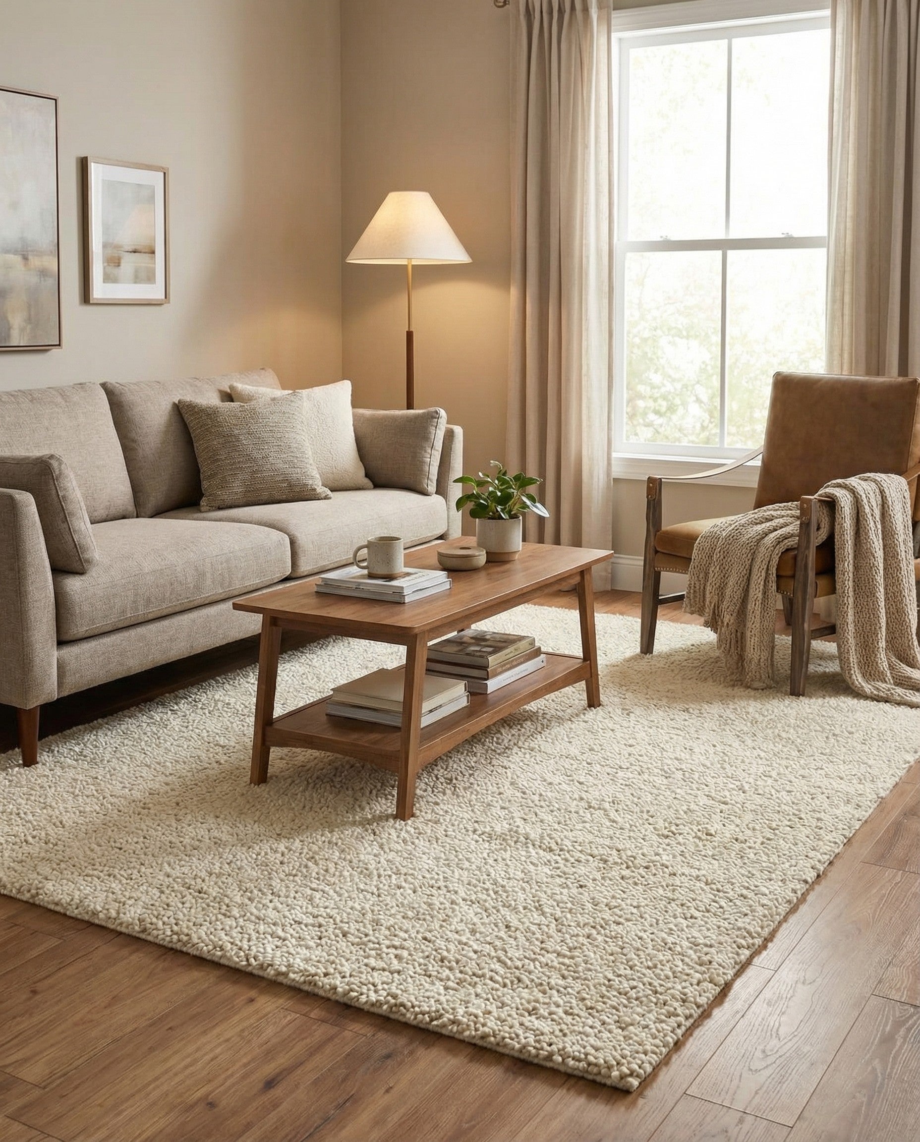 A close-up view of a 4x6 rectangular Haka Deluxe Shag rug, showcasing its plush, textured ivory and cream New Zealand wool pile.