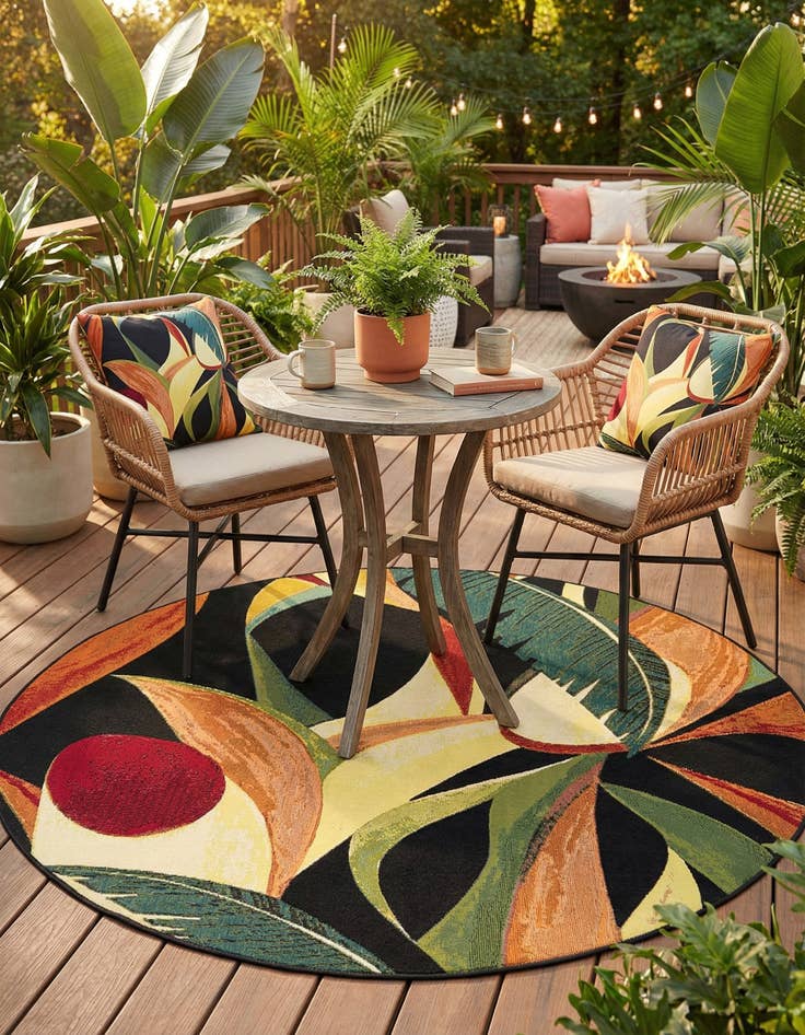 Detail image of 5' x 5'  Washable Botanical Indoor / Outdoor Round Rug