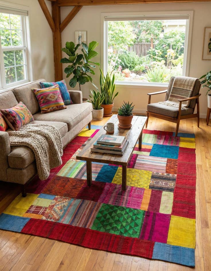 Detail image of  5' 7 x 8'  Hand Woven Kilim Patchwork Wool Rug