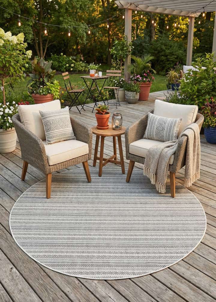 7' 10 x 7' 10 Easy-Clean Striped Indoor / Outdoor Round Rug