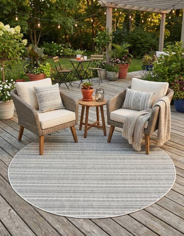 Beige Easy-Clean Striped Indoor / Outdoor Round Rug