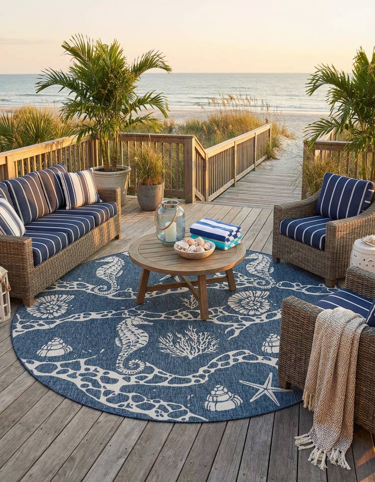 Detail image of 10' x 10'  Washable Coastal Indoor / Outdoor Round Rug