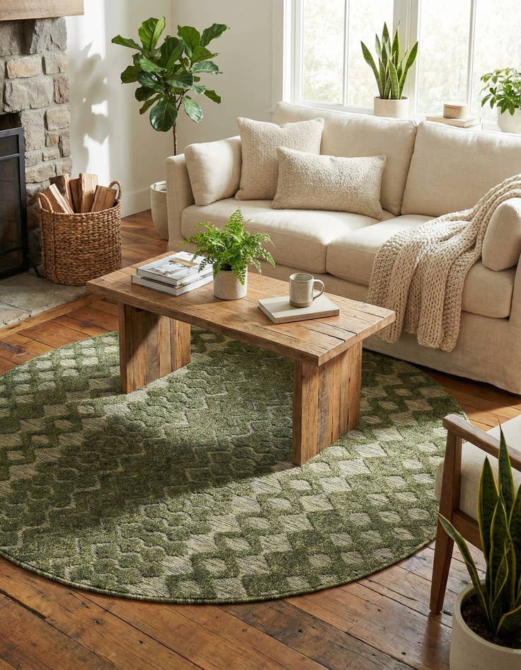 Detail image of 5' 3 x 5' 3  Washable Trellis Textured Indoor / Outdoor Round Rug