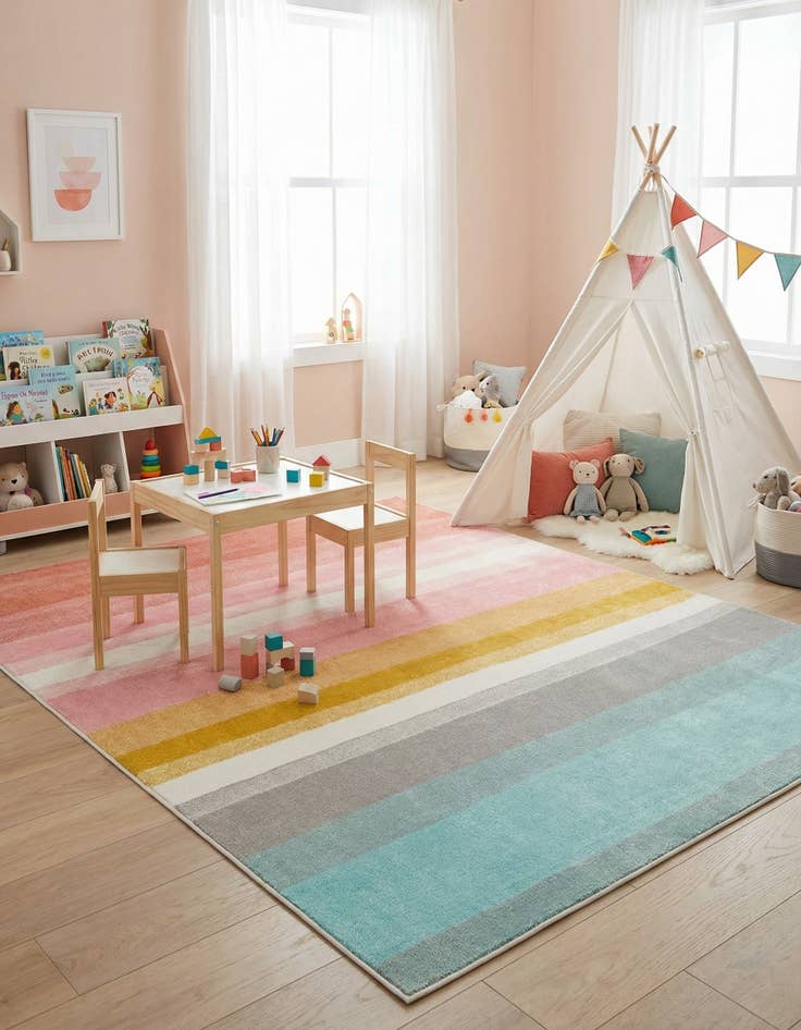 Detail image of 7' 10 x 10' Rainbow Stripes Whimsy Kids Rug